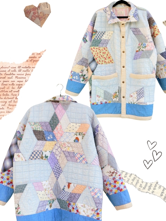 Handmade Jackets & Blazers - Upcycled Patchwork Quilt Coat Vintage Blanket Light Blue L • XL